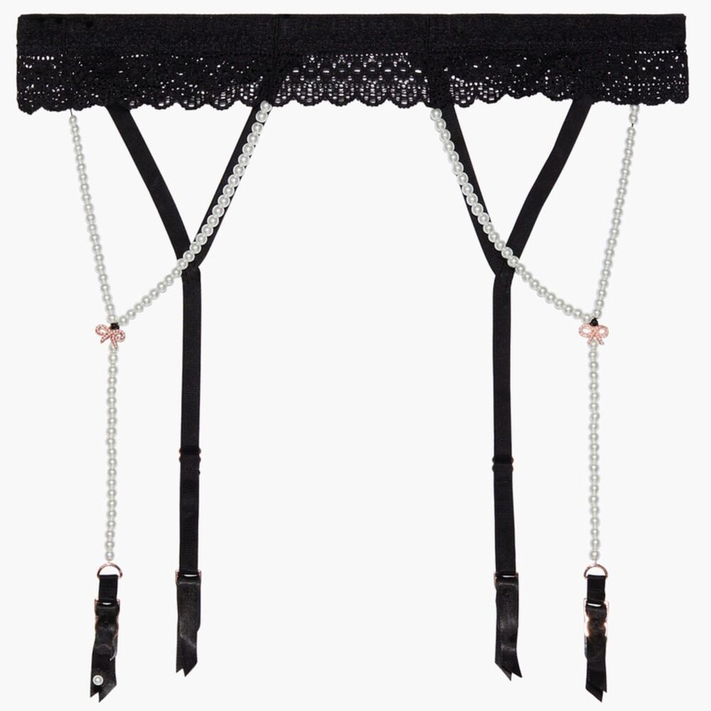 Savage X Fenty String of Pearls garter belt black lace and rose gold details.